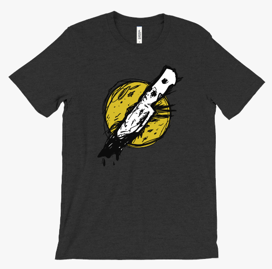 TheSlasherChick Merch grey t-shit with  drawing of a knife-form humanoid monster in front of a moon.