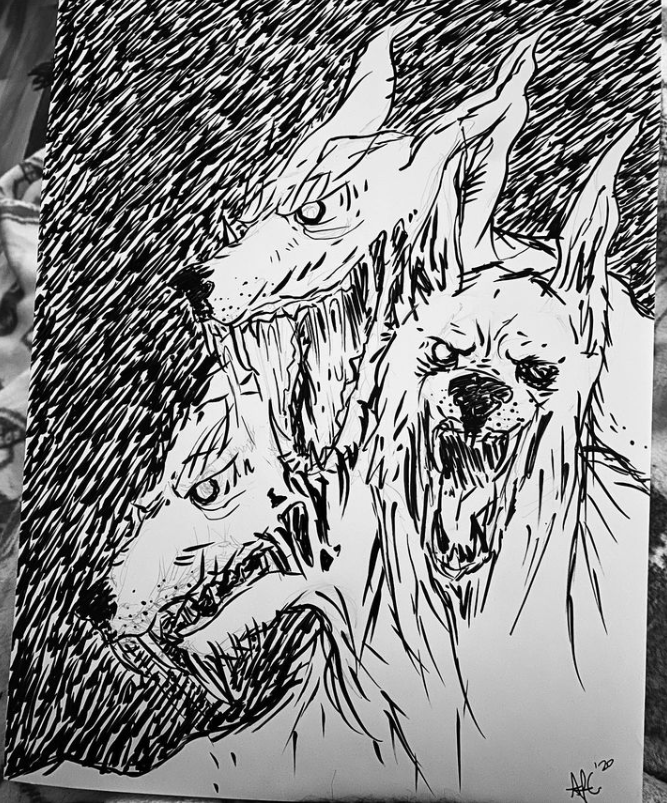 Cerberus horror drawing in sketchbook.