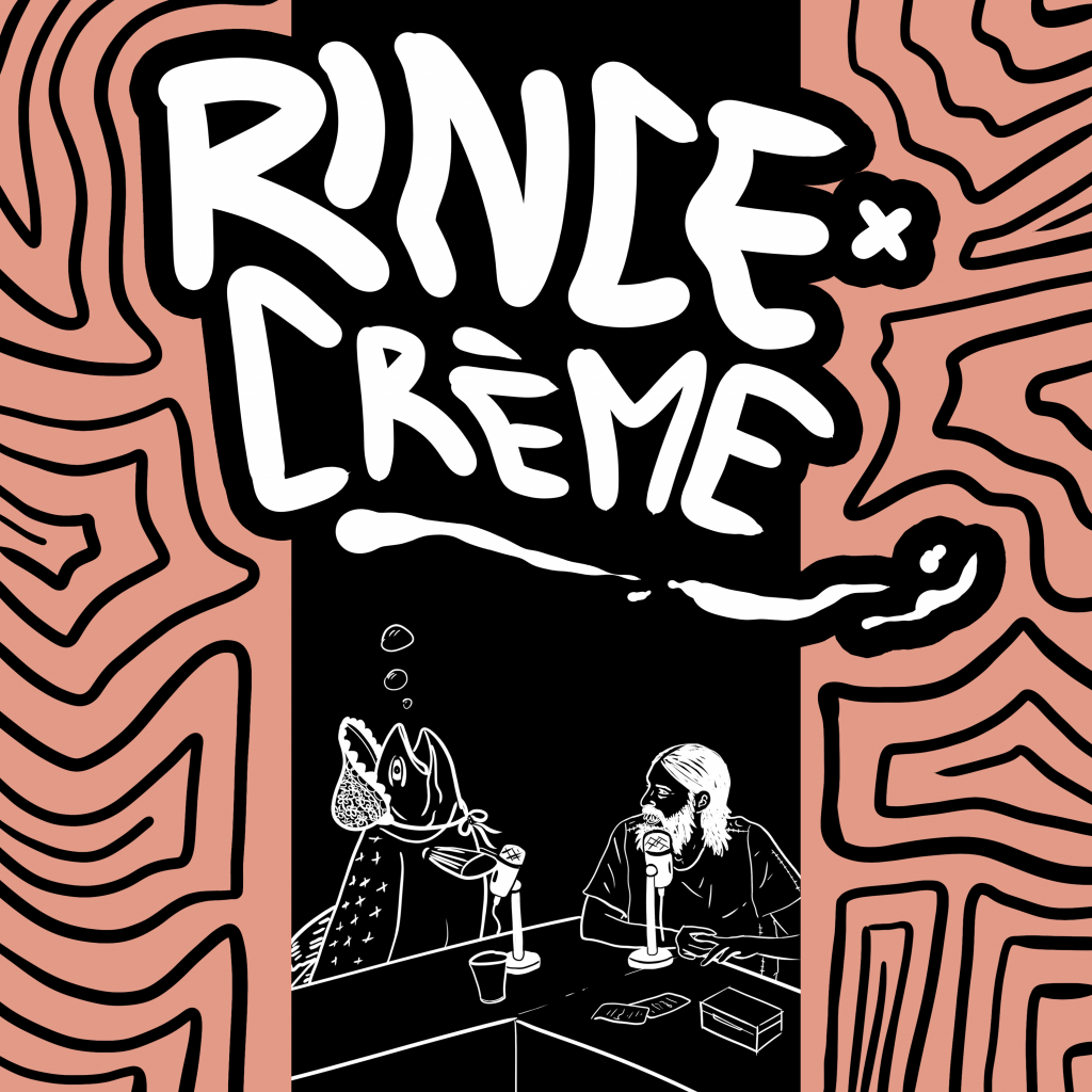 Rince-Creme podcast webcomic of one host talking to the other dressed as a big baby salmon.