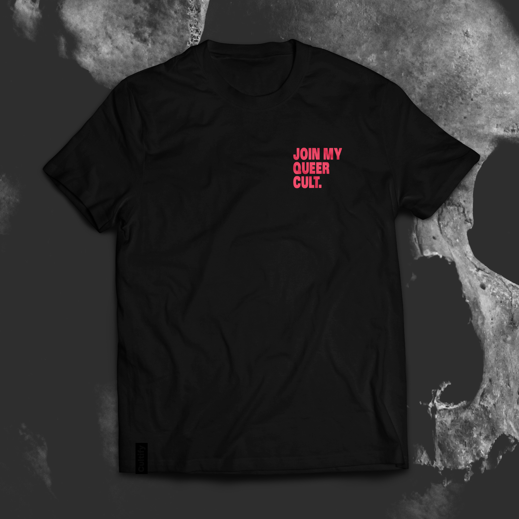 Black t-shirt with pink text on left side pocket reading Join My Queer Cult