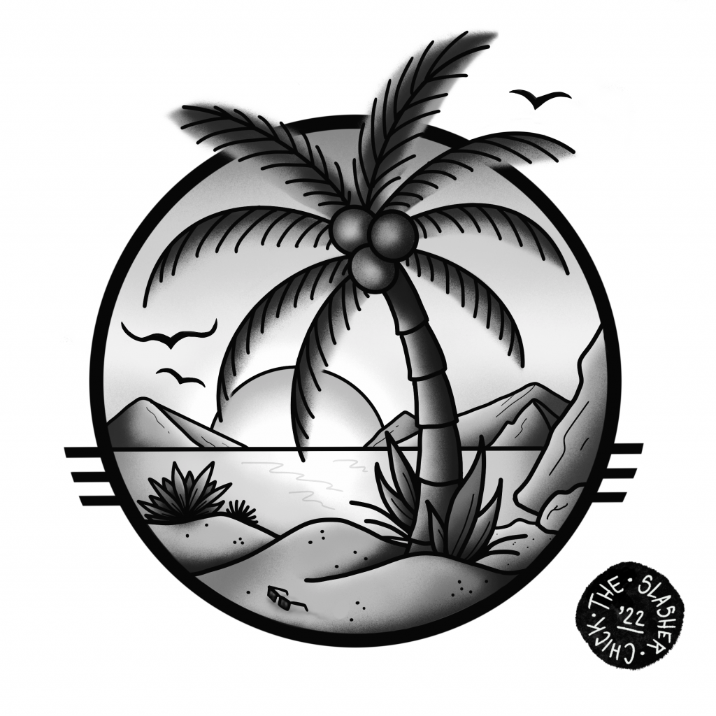 Traditional style drawing of a palm tree and mountains on an island.