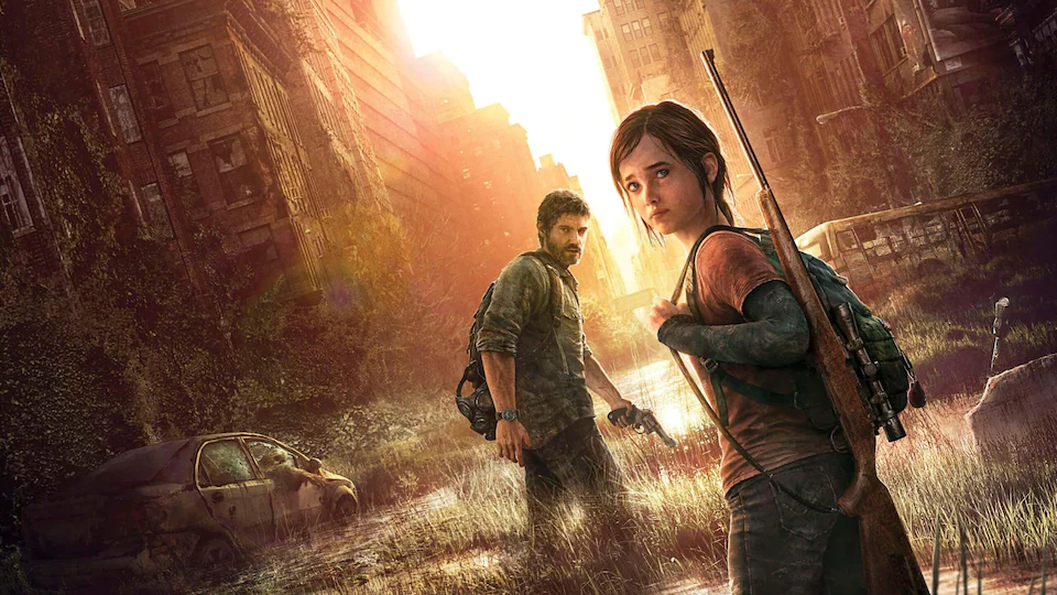 The Last of Us's Ellie and Joel walking in a destroyed town.
