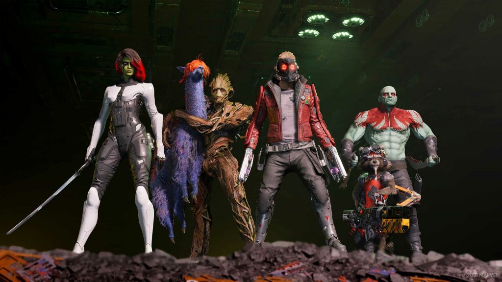 Marvel's Guardians of the Galaxy's Gamora, Groot, Star Lord, Drax, Rocket and their purple Llama