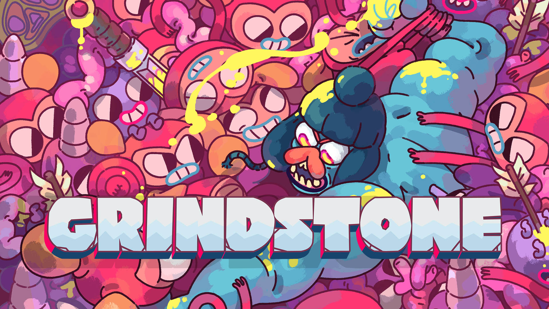 Grindstone banner. Blue muscular warrior is slashing through pink-coloured monsters.
