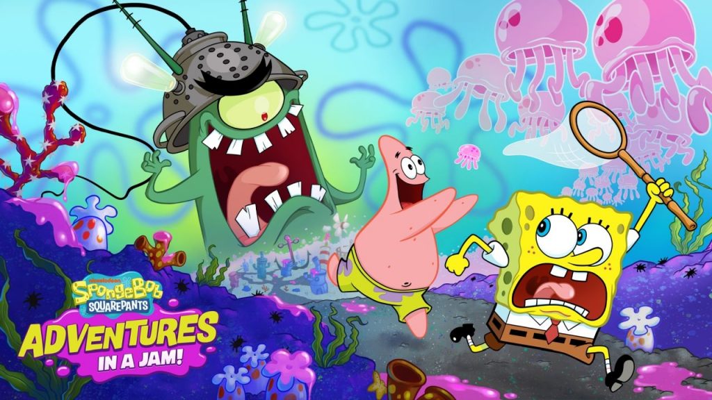 SpongeBob adventures in a jam banner featuring SpongeBob and Patrick running away from a giant Plankton amongst jelly fishes.